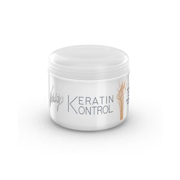campione bianco con scritte argentate Vitality's Keratin Kontrol Maschera riattivante